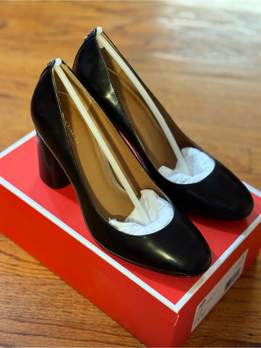 Coach Ophelia Box Calf Leather Block Heel Pumps Black Size 7.5M w/ Box